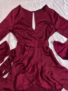 Shein Wine Satin Ruffle Wrap Party Dress