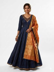 Elegant Navy Blue Kurta Set with Orange Dupatta