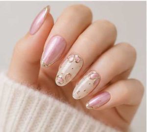 Handmade Cateye Elegant Pink &amp; Gold Flower nails