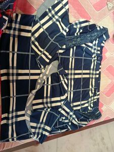 Navy Blue Plaid Off-Shoulder Top