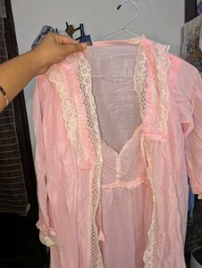 Pink Lace Trim Nightgown &amp; Robe Set