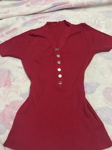 Y2k Chic Red Ribbed V-Neck Button Dress