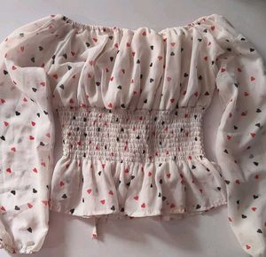 White Off-Shoulder Top with Heart Print