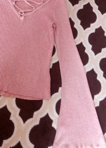 Pink Bell Sleeve Lace-Up Top