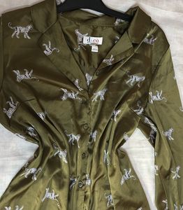 Olive Green Tiger Print Button-Up Shirt