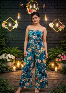 Tropical Print Strapless Jumpsuit