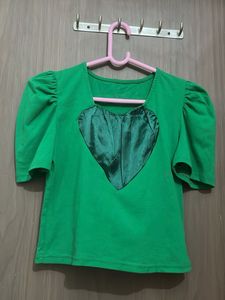 Branded Green Puff Sleeve Top with Heart Detail