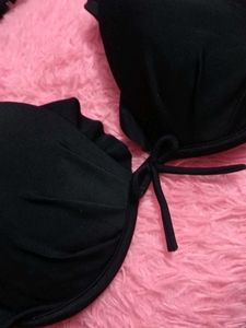 Stylish Black Ruffled Halter Bikini / Bralette Top
