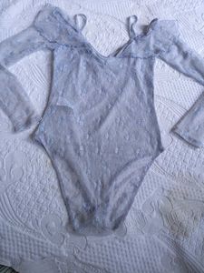 Chic Blue Ruffle Lace Bodysuit