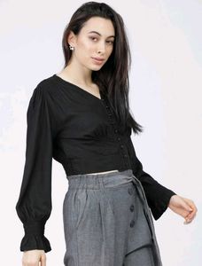 Black Cropped Button-Up Top
