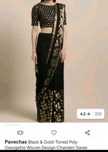 Elegant Black Saree with Golden Leaf Print