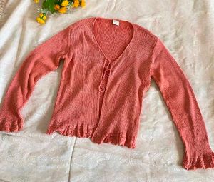 Coral Ribbed Tie-Front Cardigan
