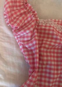 Fitted Whimsy Cute Pink Gingham Off-Shoulder Top