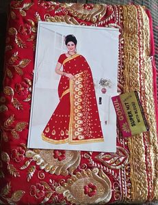 New Fancy Red Embroidered Saree with Gold Border