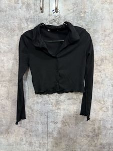 Black Ribbed Cropped Button-Up Shirt