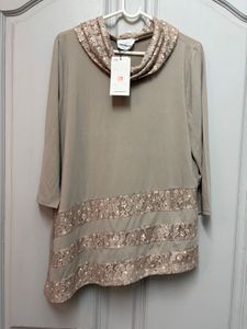 Calvin Klein Taupe Lace-Trim Cowl Neck Top