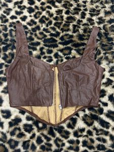 Pretty Little Thing Brown Faux Leather Corset Top