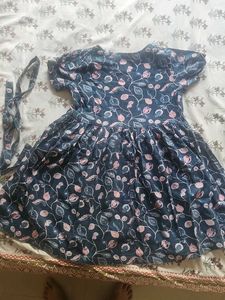 Navy Blue Floral Print Dress with Tie