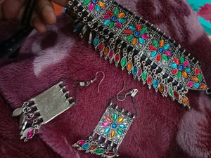 Oxidised Silver Multicolour Jwellery Set