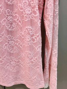 Pink Lace Top with Ruffle Neck