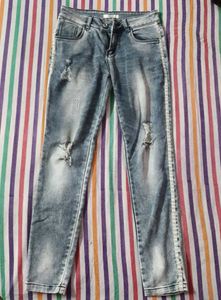 Distressed Wash Jeans with Side Stripe