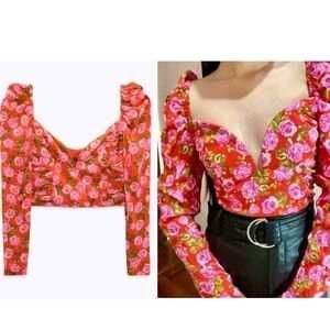 🌸 ZARA Floral Corset Style Crop Top – XS