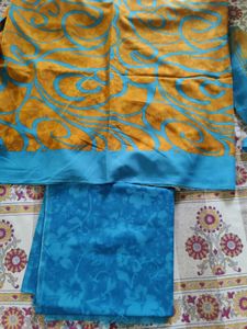 Turquoise &amp; Orange Print Dress Material