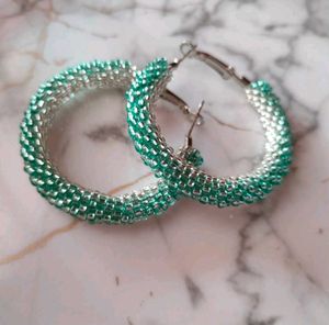 Beaded Hoop Earrings - Green & Silver