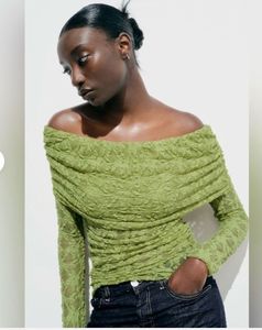 ZARA Lime Green Off-Shoulder Textured Top
