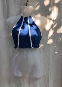411110. Blue &amp; White Striped Halter Crop Top