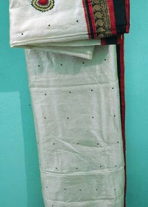 Off-White Saree with Red &amp; Black Border