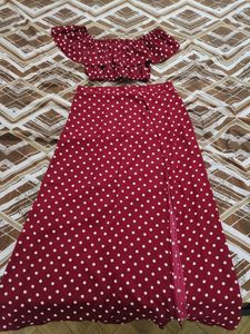 Red Polka Dot Co-ord Set with Slit skirt