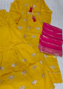 Yellow Kurta Set with garara &amp; Pink Dupatta