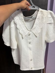 Chic White Lace Collar Puff Sleeve Top