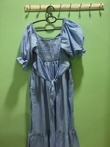 Blue Gingham Puff Sleeve Midi Dress