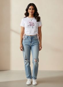 Cute Graphic Print Ruched Crop Top