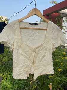 Cream Linen Blend Cropped Top