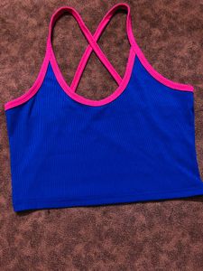 Blue Crop Top with Pink Trim