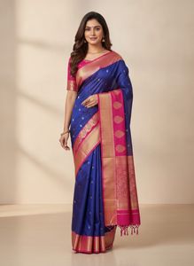 Vibrant Blue Saree with Pink Border