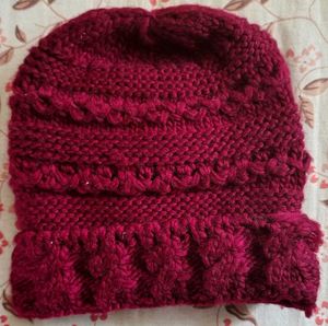 Burgundy Knit Beanie with Floral Embellishment