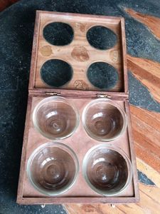 Vintage Wooden Box with 4 Glass Bowls