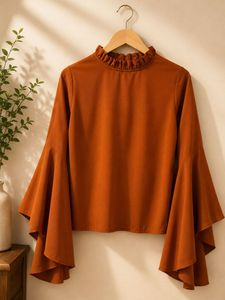 Rust Ruffled Neck bell sleeved Top