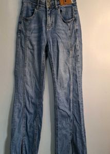 High-Waisted Front-Slit Panel Seam Flare Jeans