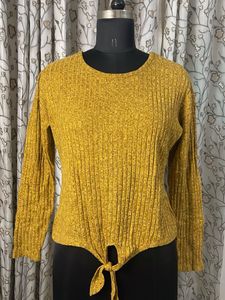 Yellow Ribbed Tie-Front Top