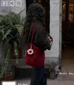 Handmade Crochet Red Flower Bag