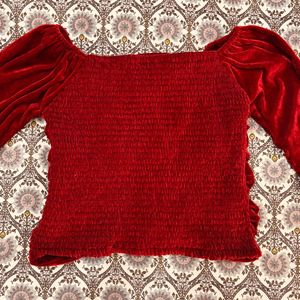 Red Velvet Ruched Square Neck Top