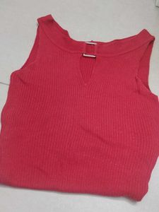 Red Ribbed Sleeveless Top with Detail