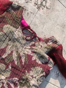 Vibrant Floral Print Kurta with Red Sleeves