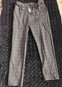 Grey Plaid Belted Trousers