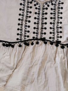 Embroidered White Kurta with Pom-Pom Trim